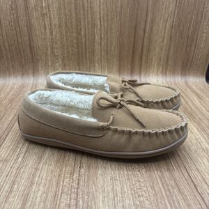 Minnetonka Cally‎ Moccasin Slippers Womens 8 Tan Suede Faux Fur Lined 406051